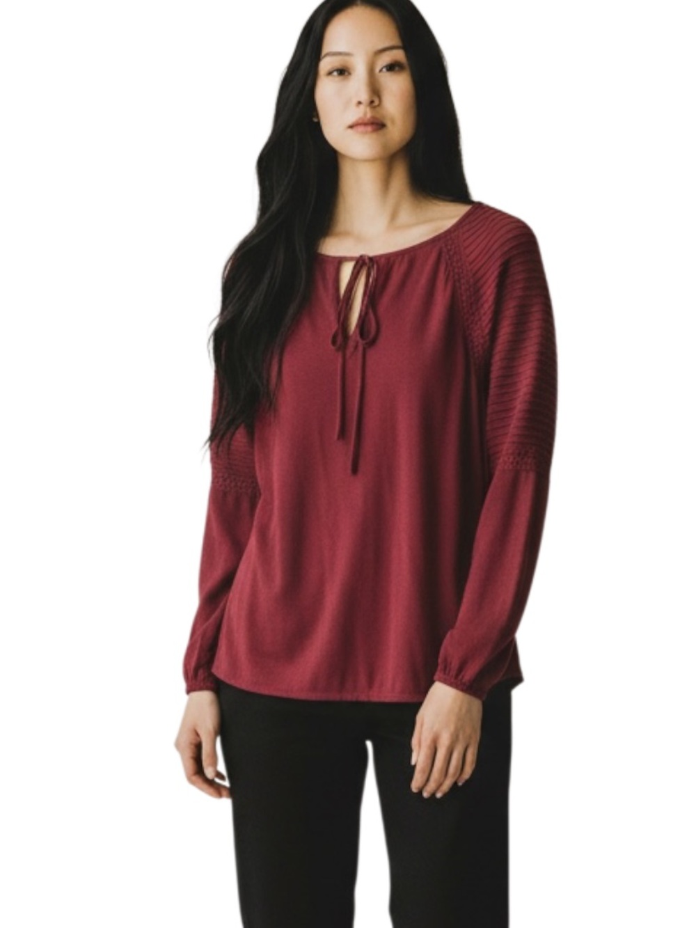 LOFT Burgundy Tie-Front Long Sleeve Top